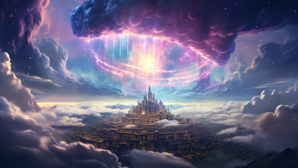 Mystical City Beneath Cosmic Wonders wallpaper