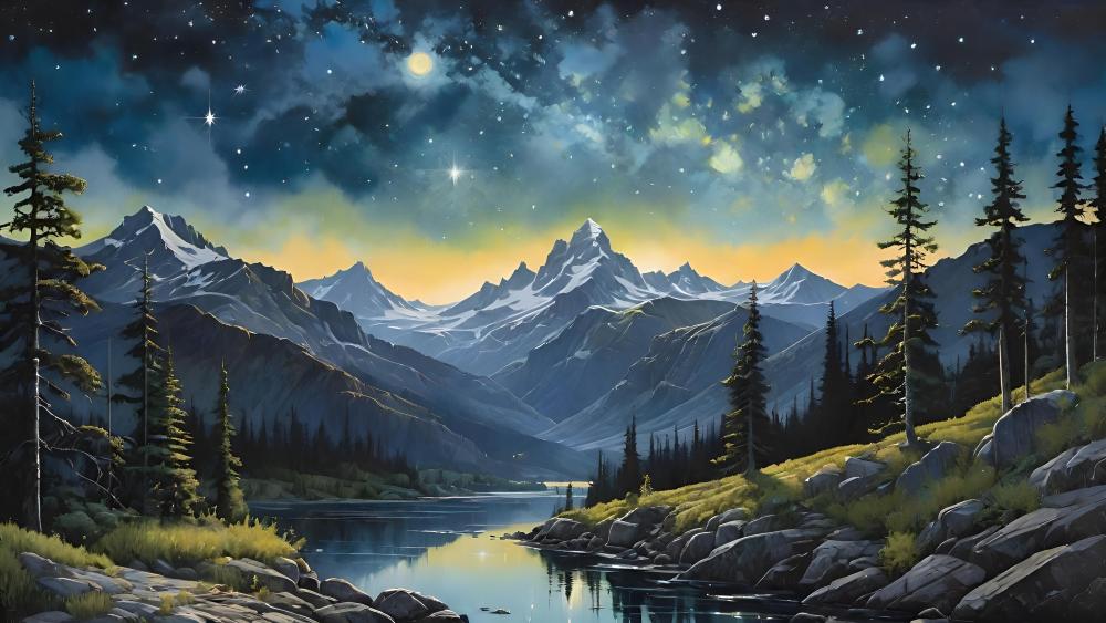 Starry Night Over a Tranquil Anime Mountain Landscape wallpaper