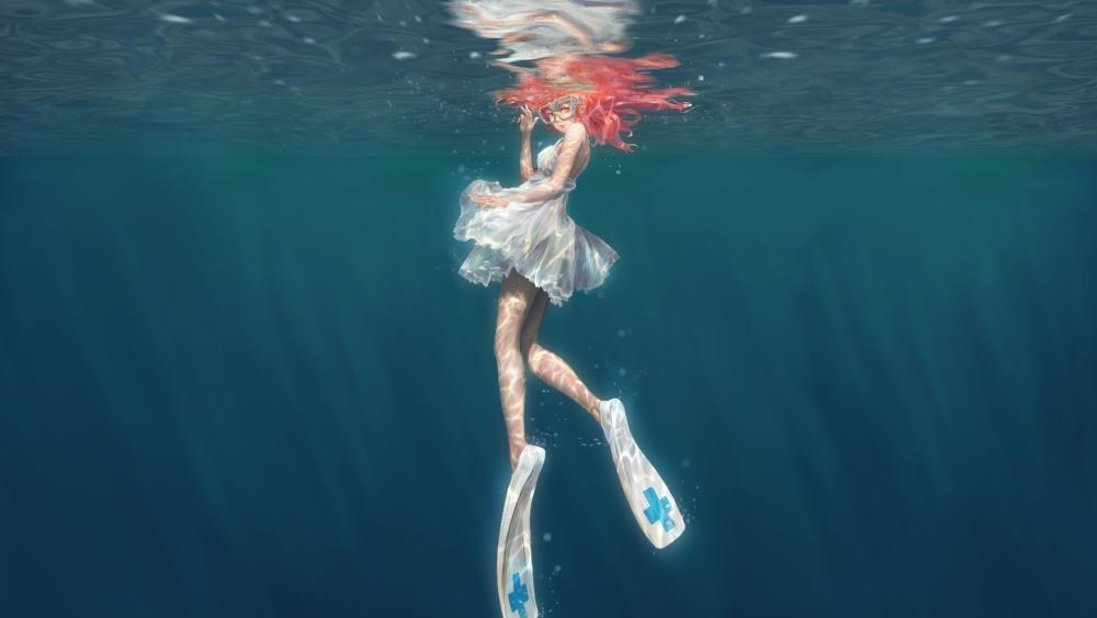 Underwater Serenity with a Red-Haired Anime Girl wallpaper