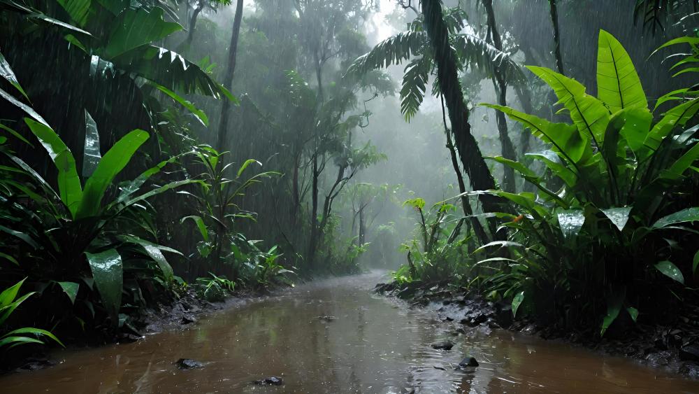 Mysterious Rainy Jungle Pathway wallpaper