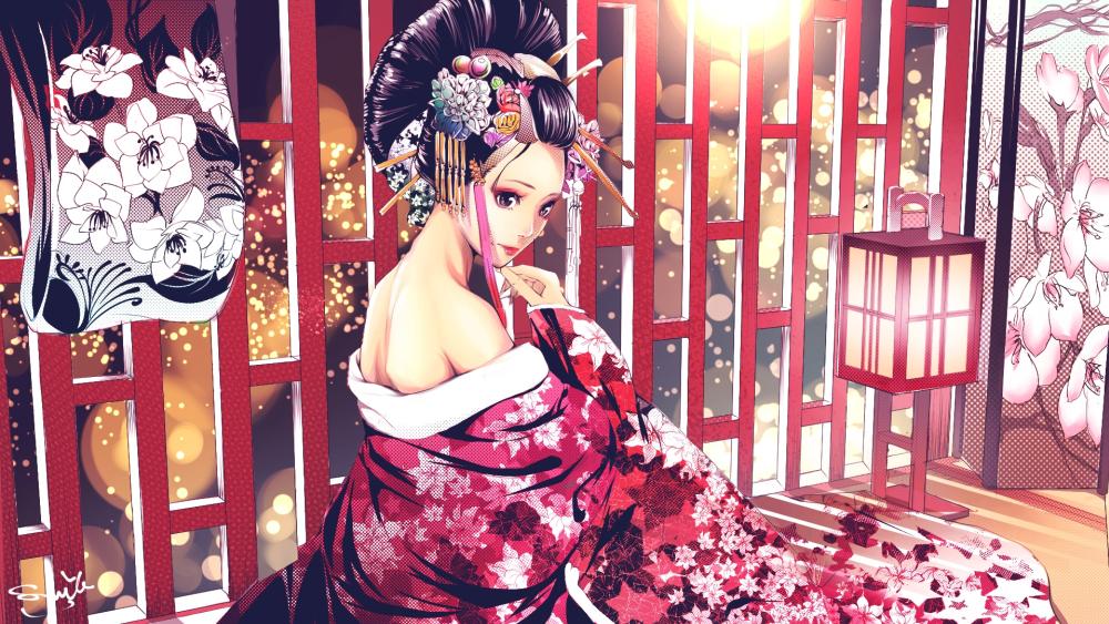Elegant Geisha in Red Kimono wallpaper