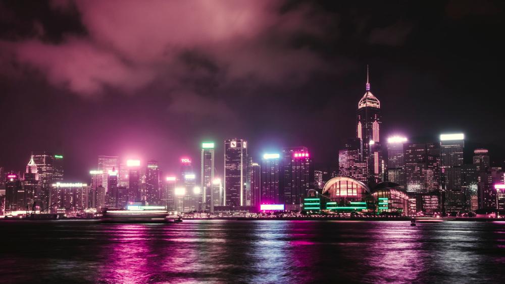 Pink Glow Over Hong Kong Skyline wallpaper