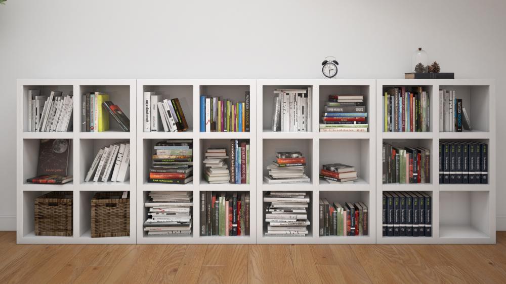 Organized Bookshelves in Modern Living Space wallpaper