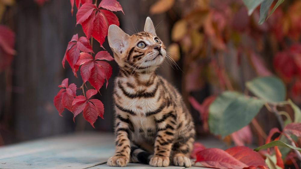 A Bengal Kitten Among Fall Leaves wallpaper