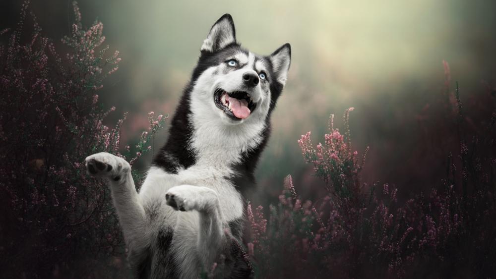 Playful Husky in Spring Bloom wallpaper