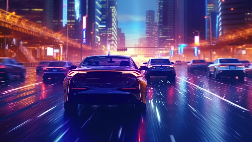 Futuristic City Highway in the Rain at Night wallpaper