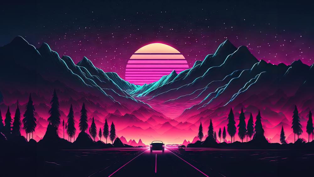 Neon Mountain Drive Under Starlit Skies wallpaper