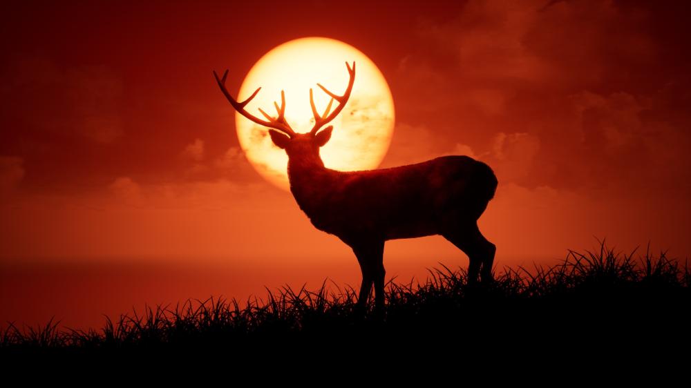 Majestic Deer Silhouette Under a Crimson Moon wallpaper