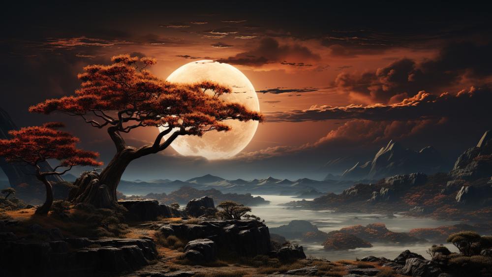 Moonlit Serenade Over Mysterious Terrain wallpaper