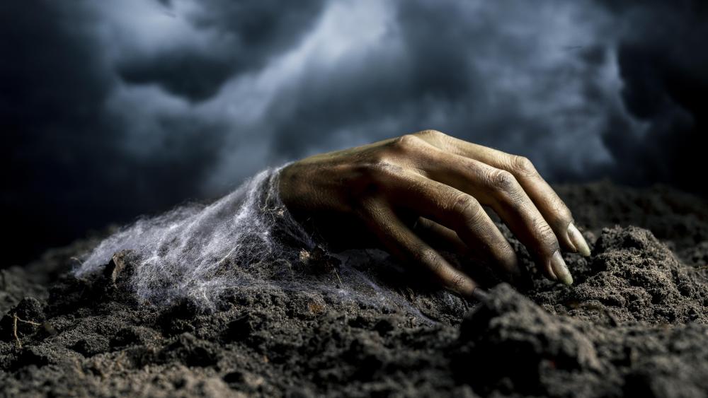 Zombie Hand Rising from the Earth wallpaper