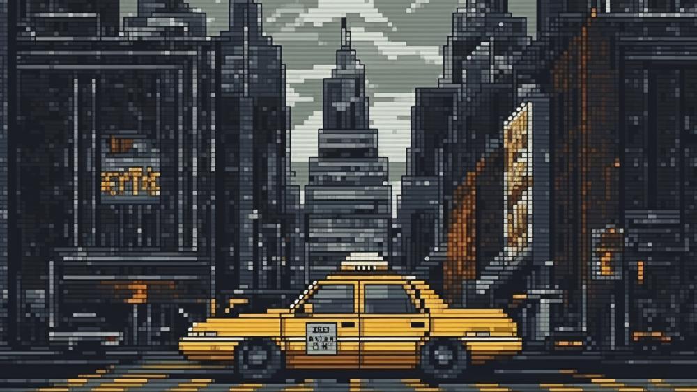 Pixel Taxi in Retro Cityscape wallpaper