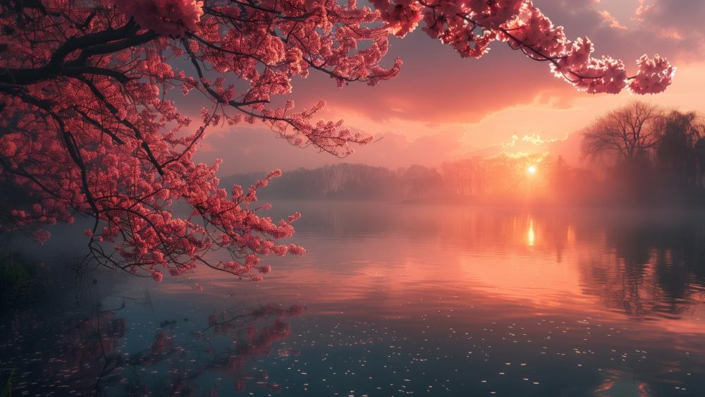 Sunset Serenade Under Cherry Blossoms wallpaper