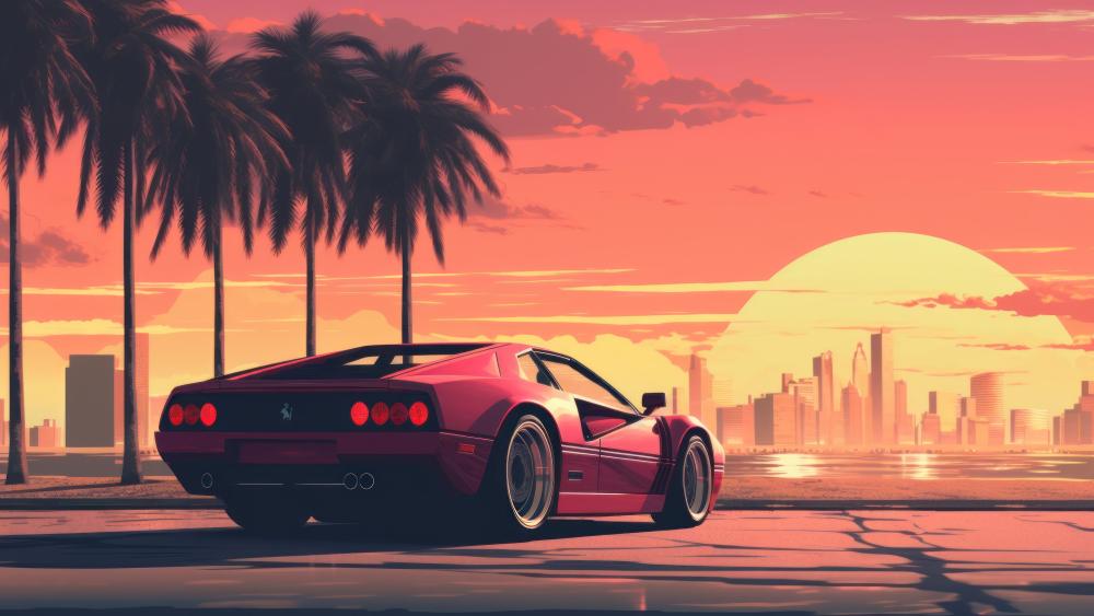 Retro Sunset Drive with Exotic Sports Car wallpaper