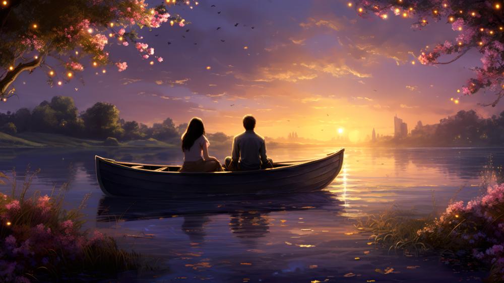 couple-date-sunset-lake-scenery-digital-art wallpaper
