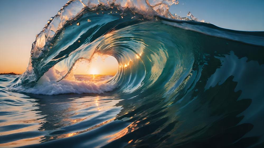 Sunset Embrace Through a Wave's Arc wallpaper