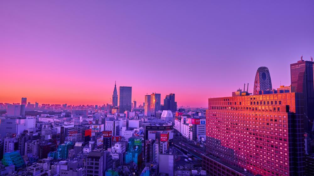 Tokyo Cityscape in Purple and Pink Hues wallpaper