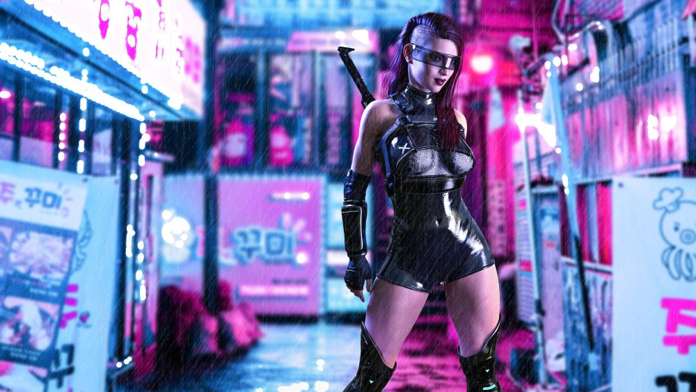 Futuristic Cyberpunk Ninja on Rainy City Streets wallpaper