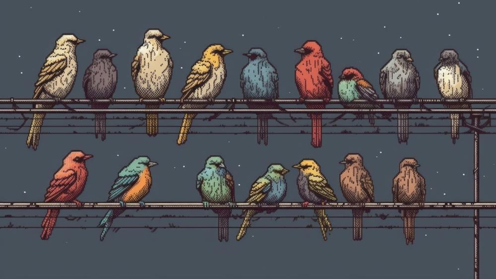 Pixelated Birds in a Starry Night Sky wallpaper
