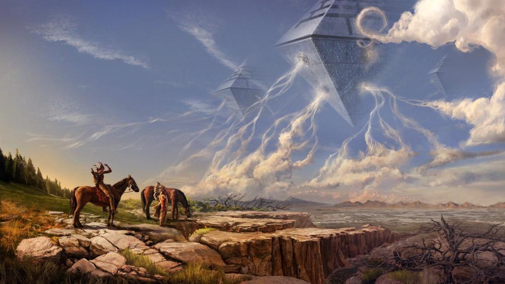 Alien Encounter in Mystical Landscape wallpaper