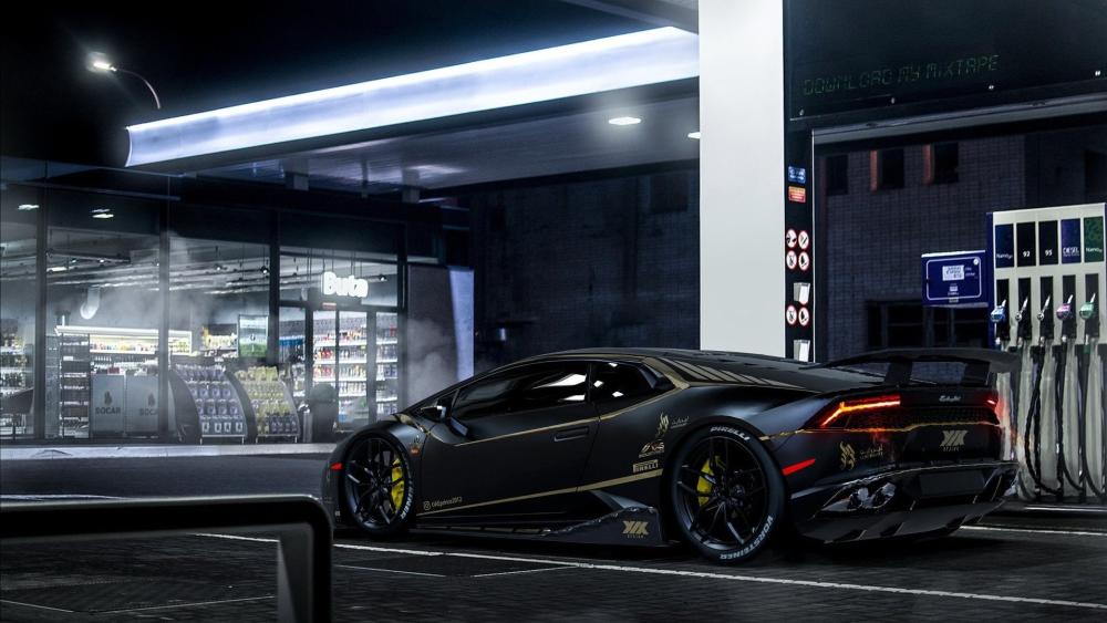 Lamborghini Huracan at Nighttime Fuel Stop wallpaper