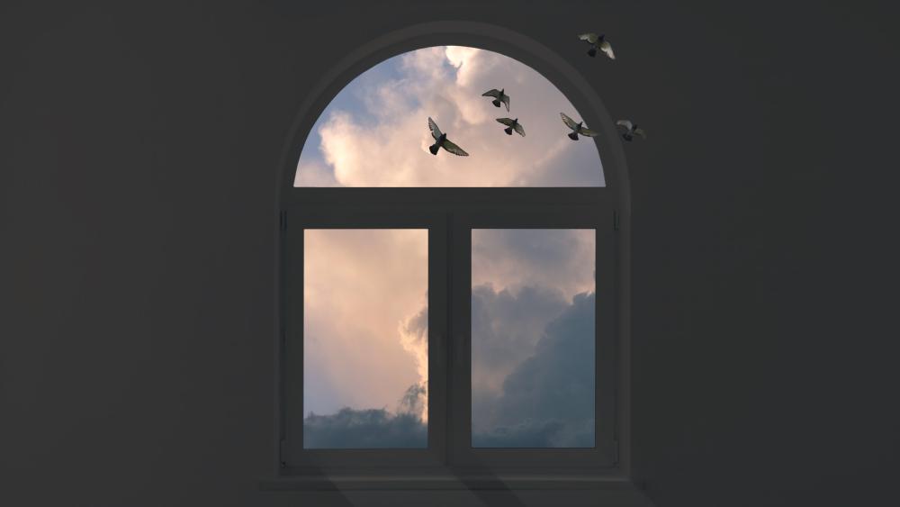 Serene Sky Through Window with Birds wallpaper