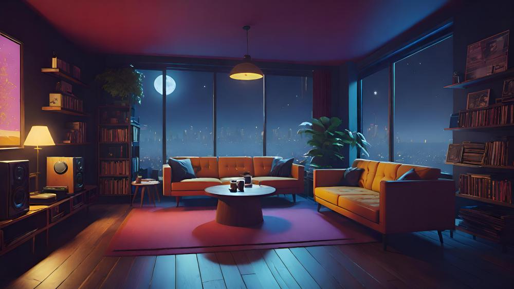 Moonlit Urban Living Room Magic wallpaper