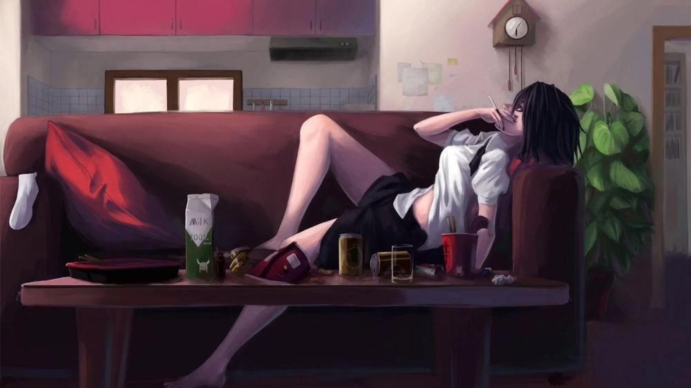 Young anime girl smoking in the apartment wallpaper