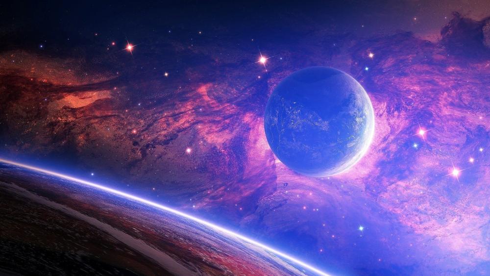 Image of space with red and blue hues wallpaper