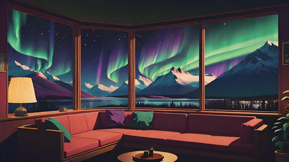 Aurora Borealis in Cozy Living Room wallpaper