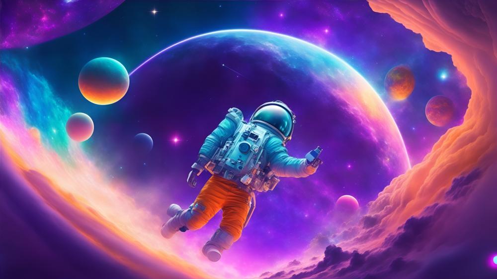 Astronaut's Cosmic Journey in Purple Space wallpaper