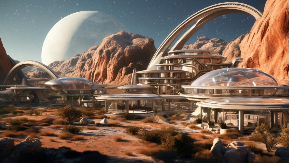 Futuristic Desert Colony under a Distant Moon wallpaper