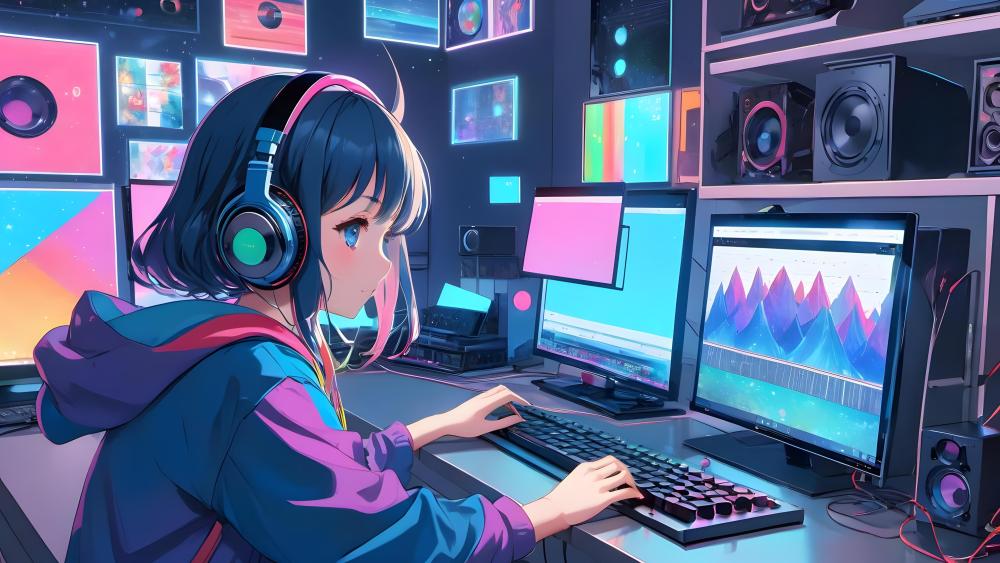 Lofi Anime Girl in Tech Room wallpaper