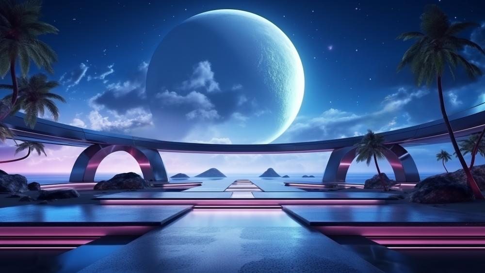 Moonlit Futuristic Landscape wallpaper