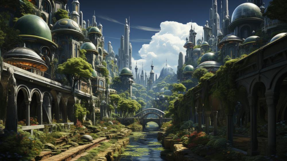 Futuristic Urban Fantasy Oasis wallpaper