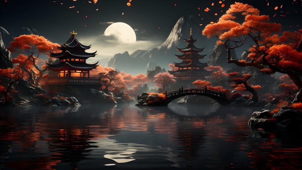 Autumn Moonlit Zen Fantasy wallpaper