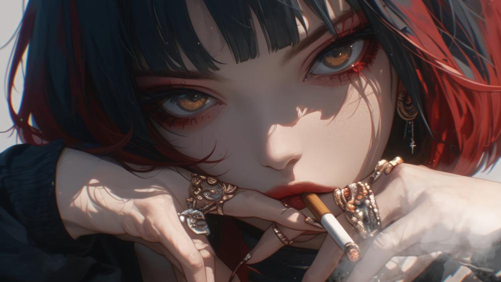 Intense Gaze Anime Girl Smoking wallpaper