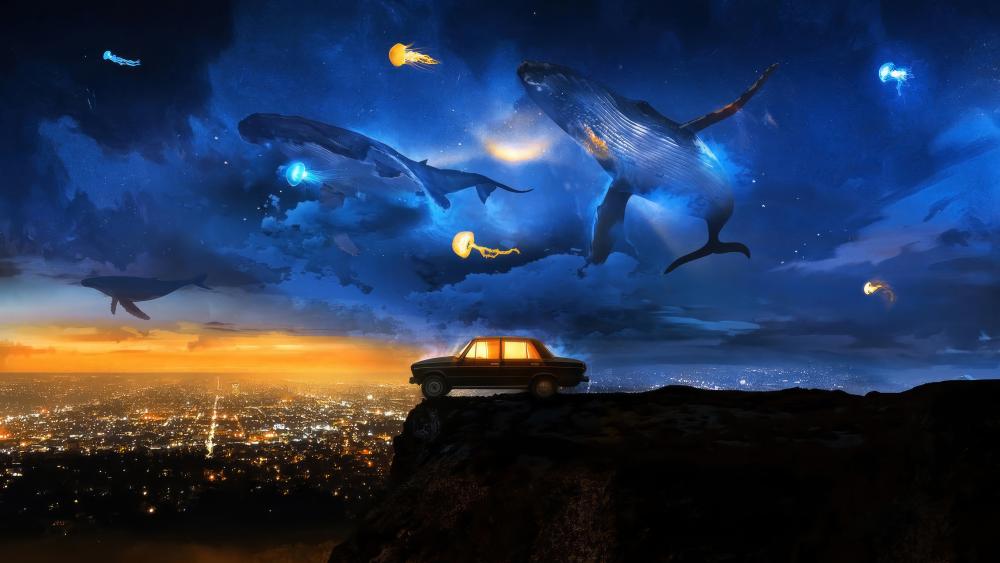Floating Whales Over Dreamland wallpaper