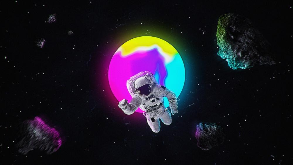 Cosmic Voyage: Astronaut Amidst Vibrant Planets and Asteroids wallpaper