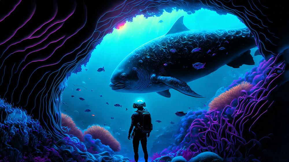Diver Encounters Giant Fish in an Underwater Cave wallpaper