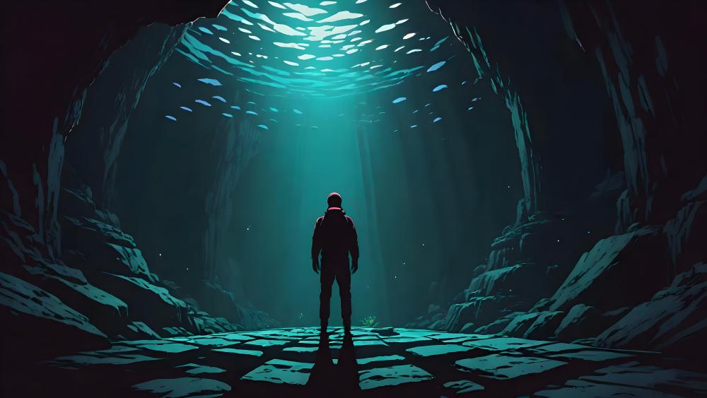 Explorer in Underwater Cave wallpaper