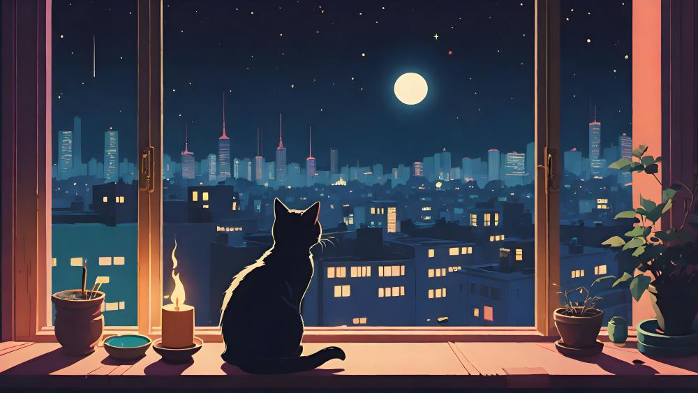 Cityscape Serenity with Feline Companion wallpaper