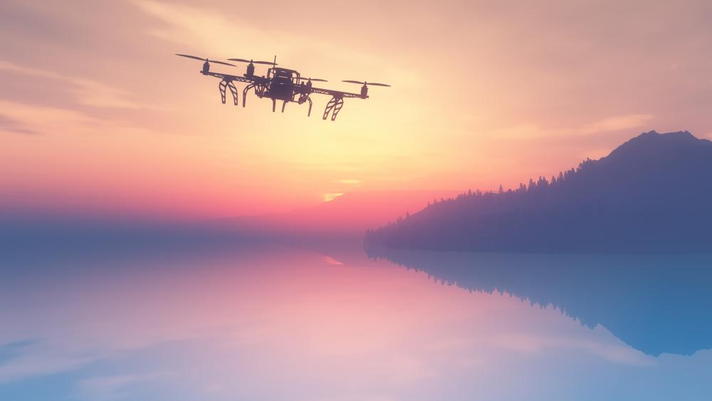 Drone Flying Over Serene Sunset wallpaper