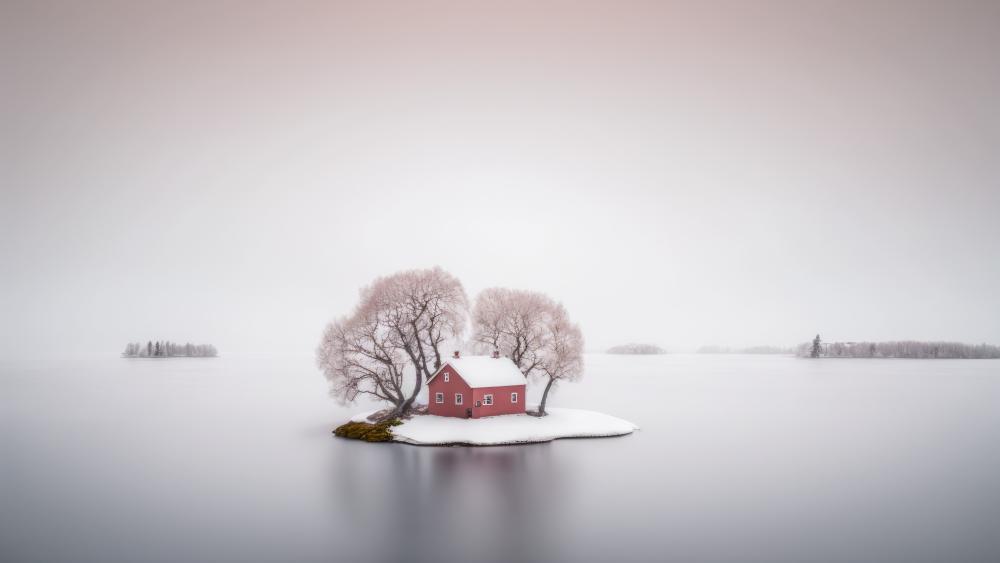 Island Cottage in Winter Wonderland wallpaper