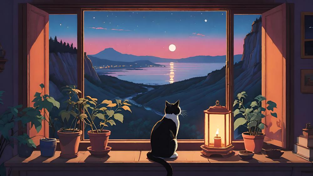 Tranquil Evening with Cat by the Window wallpaper