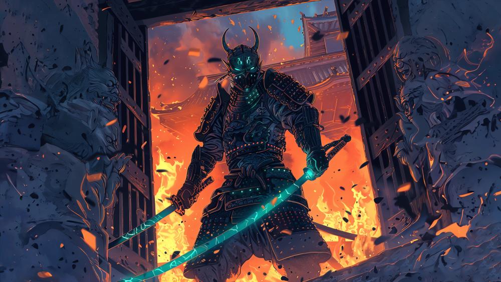 Oni Samurai in a Fiery Battle wallpaper