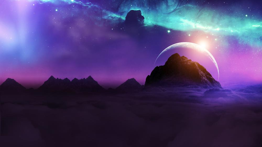 Planet Ascension Over Mystical Mountains wallpaper