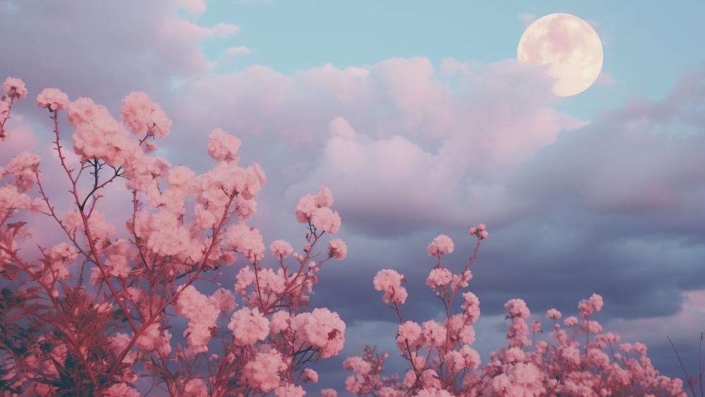 Full Moon Over Sakura Blossoms at Dusk wallpaper