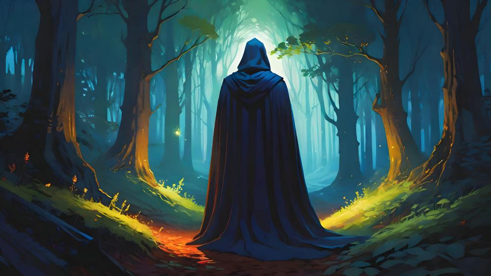 Enigmatic Wanderer in Dark Forest wallpaper