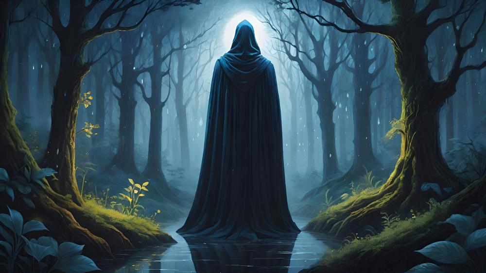 Cloaked Figure in Enchanted Forest wallpaper