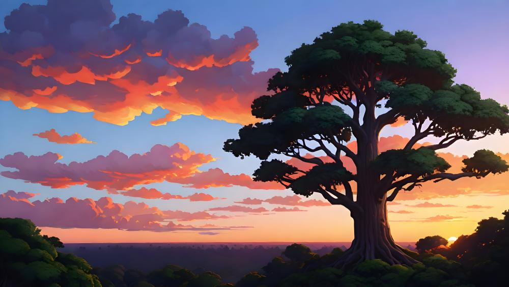 Sunset Serenity over Majestic Tree wallpaper